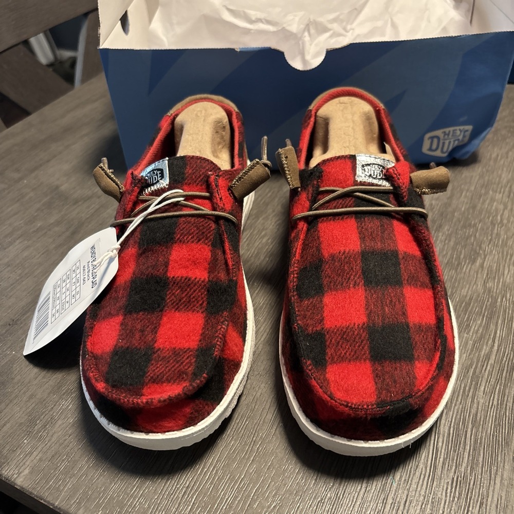 Hey Dude - Wendy Buffalo Plaid Shoes - Red/Black - 40617-643 Women's 7 NIB